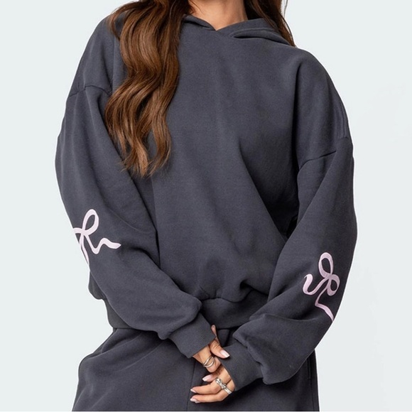 Edikted Dark Gray Hoodie with Light Pink Bow Details - Picture 2 of 7